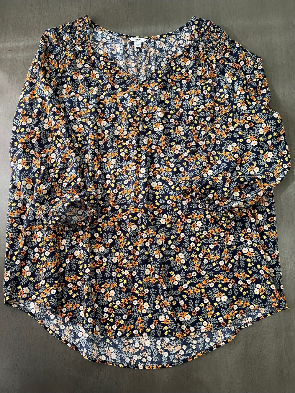 Women's Navy Floral Button-Front Blouse Navy/Orange Sonoma XL top banded sleeves - Picture 8 of 8